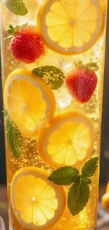 Mobile wallpaper of citrus and strawberries in a refreshing drink.