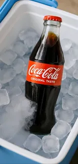 Coca-Cola bottle in ice-filled cooler.
