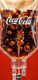 Coca-Cola infusion art with red background and bubbles.