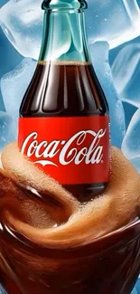 Coca-Cola bottle with cola splash and ice cubes.