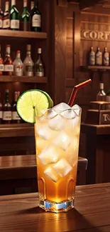 A refreshing iced cocktail with a lime slice in a cozy bar setting.