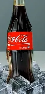 Coca-Cola bottle surrounded by ice cubes.