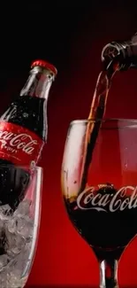 Coca-Cola bottle pouring into glass with ice.