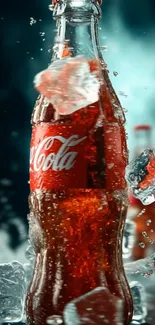 Chilled Coca-Cola bottle with ice cubes.