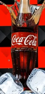 Ice-cold Coca-Cola splash on red and black background.