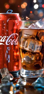Chilled Coke can and glass with ice