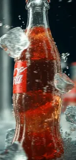 Cola bottle with ice cubes splashing around.