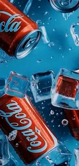 Coca-Cola cans with ice splash on blue background.