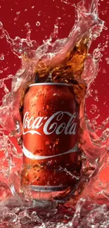Cola can with splash on red background