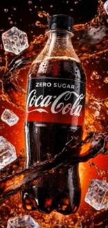 Coca-Cola Zero bottle with ice and splashes.