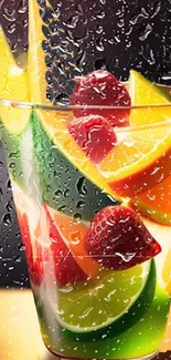 Vibrant glass with mixed fruit slices.