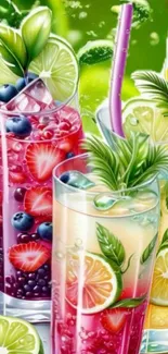 Colorful fruit cocktail drinks with berries and citrus.