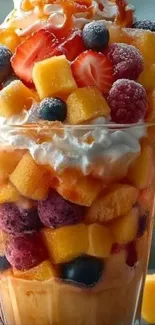 Vibrant fruit smoothie with strawberries, mangoes, blueberries, and cream.