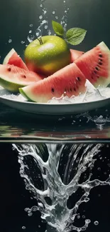 Fruit splash with watermelon and apple in water.