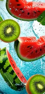 Vibrant fruit splash wallpaper with kiwi and watermelon slices.