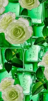 Green floral wallpaper with white roses and leaves.