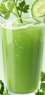 A tall glass of vibrant green juice with cucumber slices and parsley.