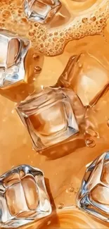 Ice cubes floating in amber drink wallpaper.
