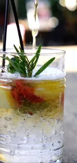 A close-up of a refreshing iced drink with herbs and fruit.