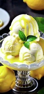 A tempting bowl of lemon-flavored ice cream adorned with vibrant lemons.