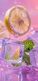 Lemon and ice cubes with mint on a pink background.