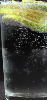 A glass of fizzy lemon soda with bubbles.