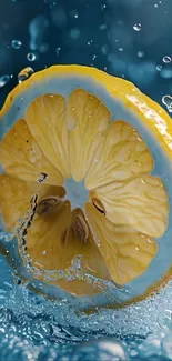 Lemon slice splashing into fresh water with droplets around.