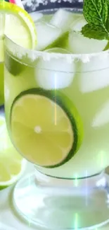 A refreshing lime cocktail with mint and ice, set against a colorful backdrop.