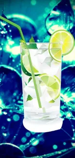 Refreshing lime drink with ice cubes on a vibrant teal background.