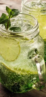 Refreshing mojito drink with lime slices and mint leaves.