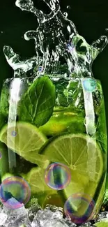 Vibrant lime and mint drink with ice cubes and bubbles.