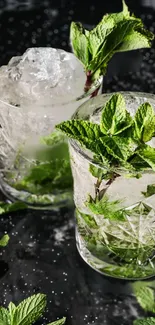 Vibrant mint mojito with ice in crystal glasses.