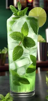 Glass of mojito cocktail with mint and lime on a bar counter.