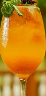 Orange cocktail with mint leaves in a glass.