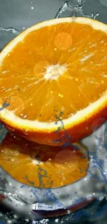 Orange slice with blue water splash, vibrant and fresh design.