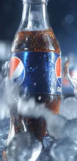 Pepsi bottle amid splashing ice cubes.