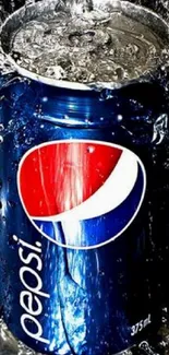 Dynamic Pepsi can with water splash on blue background.