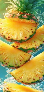 Pineapple slices splashing in water create refreshing wallpaper.
