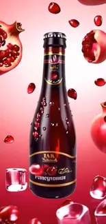 Pomegranate beverage bottle with fruits and ice on a red background.