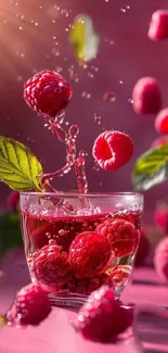 Vibrant raspberry splash with fresh leaves against a colorful backdrop.