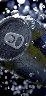 Soda can with splashing droplets on a dark background.