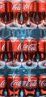 Coca-Cola bottles and cans in a fridge.
