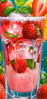 Colorful strawberry drink with citrus and mint in a glass.