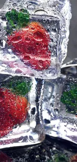 Close-up of strawberries in ice cubes, vibrant and detailed for backgrounds.