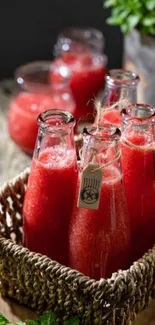 Rustic bottles of strawberry juice on display.