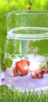 Strawberry lemonade in clear glass pitcher with strawberries and mint leaves on grass.