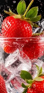 Strawberry splashing in ice-filled glass.