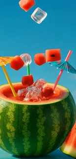 Colorful watermelon drink with ice in the sun.