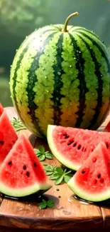A vibrant watermelon with juicy slices on a rustic table.
