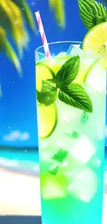 Tropical drink with lime and mint on a beach background.